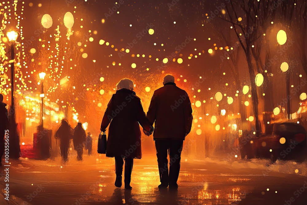Couple walks hand-in-hand through a wintery city. This photo evokes the feeling Couple walks hand-in-hand through a wintery city. This photo evokes the feeling