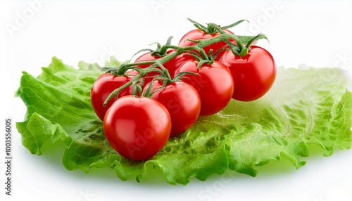 Ripe red cherry tomatoes bunch on green lettuce leaf isolated on white background. Fresh vegetables ingredients.