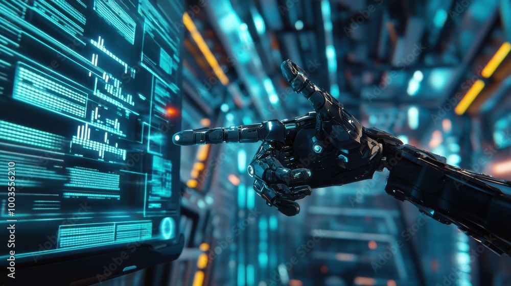 Humanoid cyborg with bionic hand operating a futuristic AI cyber supercomputer, surrounded by Humanoid cyborg with bionic hand operating a futuristic AI cyber supercomputer, surrounded by