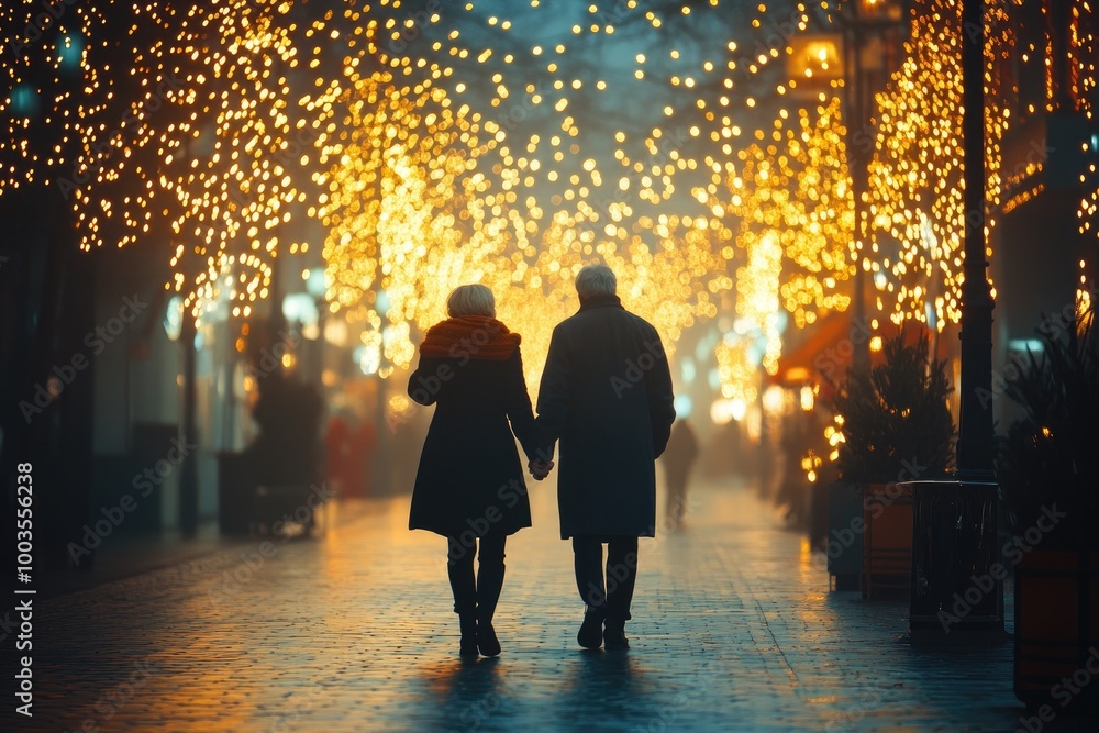 Silhouettes of a couple walking in a street. The photo captures the romantic atmosphere of a winter Silhouettes of a couple walking in a street. The photo captures the romantic atmosphere of a winter