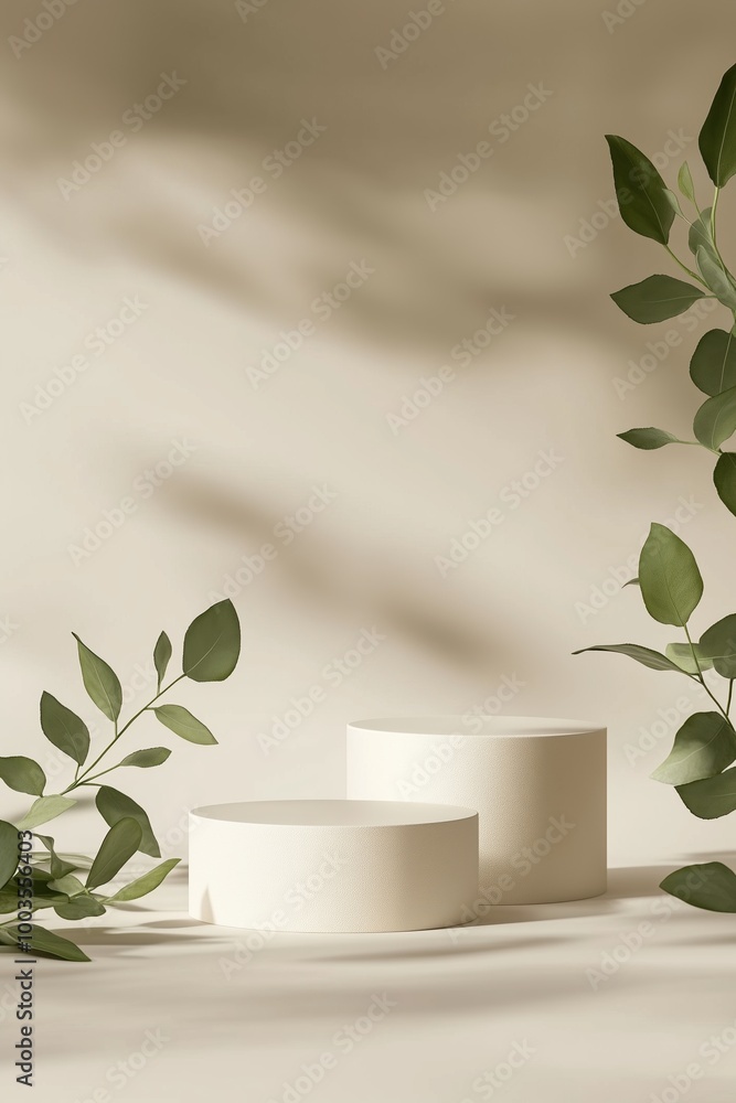 Minimalist display podiums surrounded by fresh green leaves, perfect for showcasing natural or eco-friendly products. Minimalist display podiums surrounded by fresh green leaves, perfect for showcasing natural or eco-friendly products.