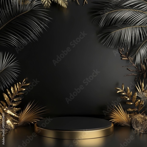 Black podium with palm leaves and gold decorations on black background. 3d render photo