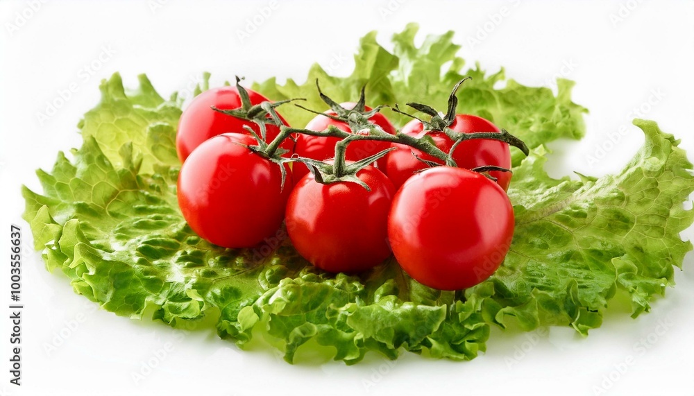 Ripe red cherry tomatoes bunch on green lettuce leaf isolated on white background. Fresh vegetables ingredients. Ripe red cherry tomatoes bunch on green lettuce leaf isolated on white background. Fresh vegetables ingredients.