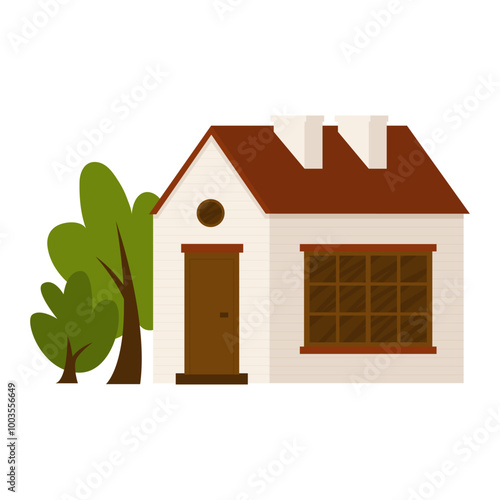 One-story country house with trees. Peaceful village life in your own home. Element for urban and rural landscape. Sale and rent of real estate. Vector illustration in cartoon style.