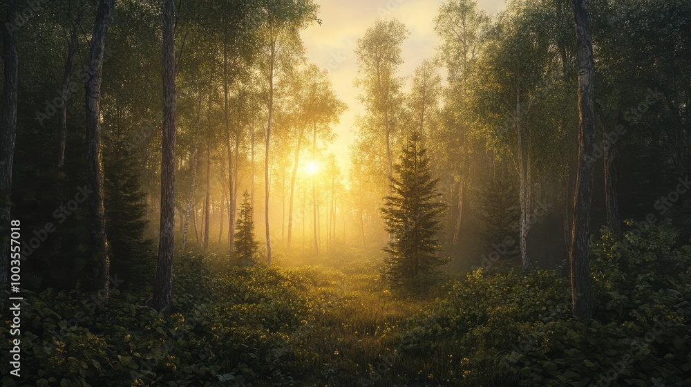 Naklejka premium sunrise in the forest