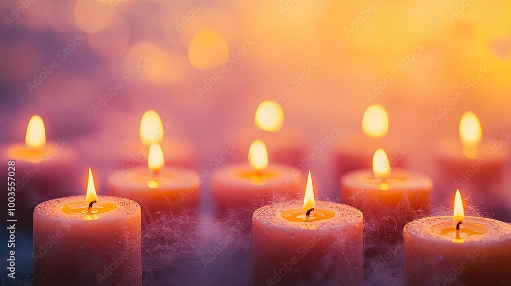 Burning candles on blurred background. Ideal for creating a serene and calming atmosphere in websites, social media, and print media. Burning candles on blurred background. Ideal for creating a serene and calming atmosphere in websites, social media, and print media.