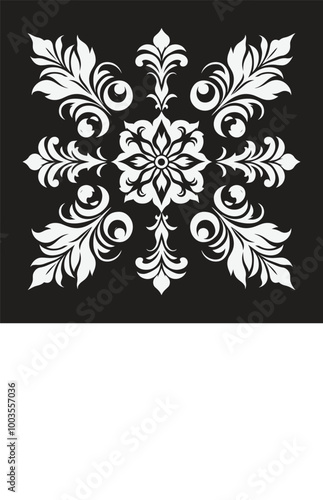 Elegant floral ornament with intricate swirls and leaves in monochrome an black background