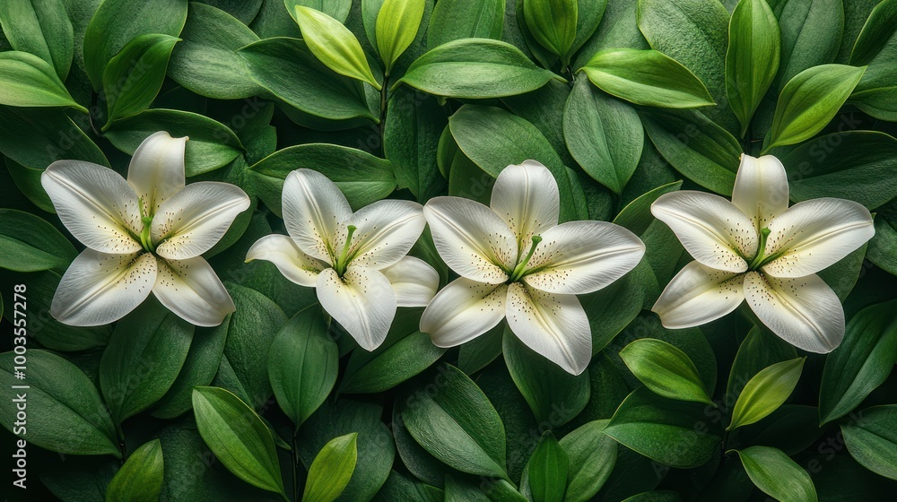 Four White Lilies on Green Leaves Four White Lilies on Green Leaves