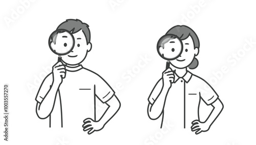 虫眼鏡を持つ看護師男女の上半身イラスト