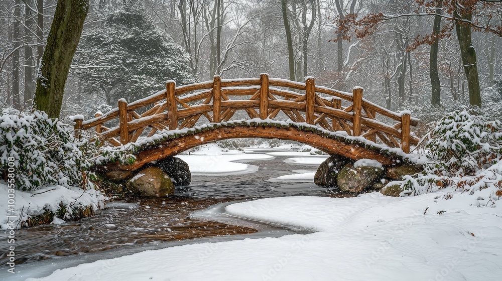 A snow-covered wooden bridge arches over a serene stream in a winter landscape. A snow-covered wooden bridge arches over a serene stream in a winter landscape.