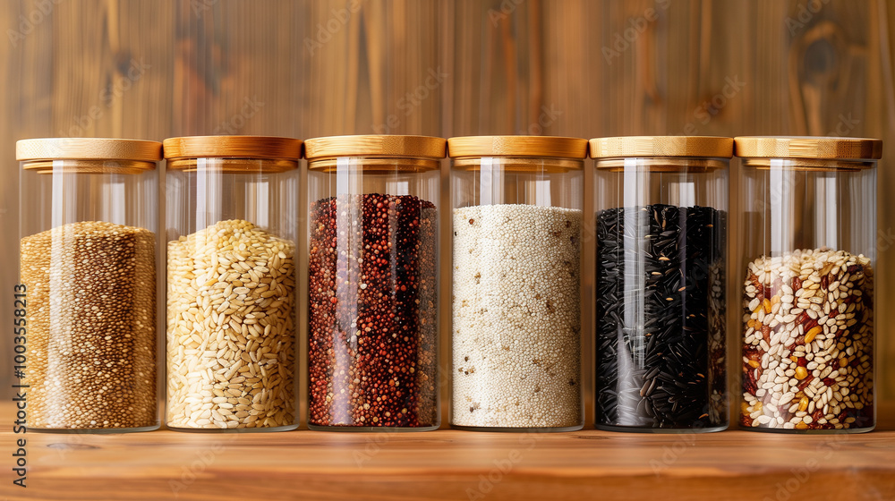 Variety of grains displayed in glass jars with wooden lids on a kitchen countertop