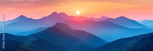 A colorful sunset casts hues of pink, orange, and blue across a majestic mountain range.