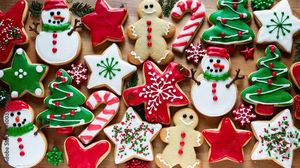 Obraz premium A festive Christmas cookie display with sweet and playful shapes. There are snowmen, trees, stars, and candy canes