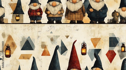 A 1960s-inspired pattern of gnomes in vintage clothing, holding lanterns, surrounded by geometric shapes and retro colors, faded textures and warm hues for a playful, nostalgic feel. photo