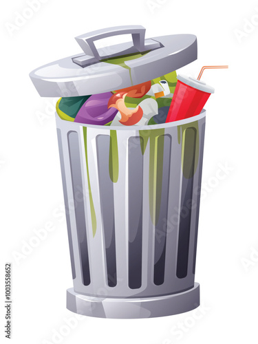 Open trash bin filled with waste, including bottles, food, and drink cup. Overflowing. Vector cartoon illustration