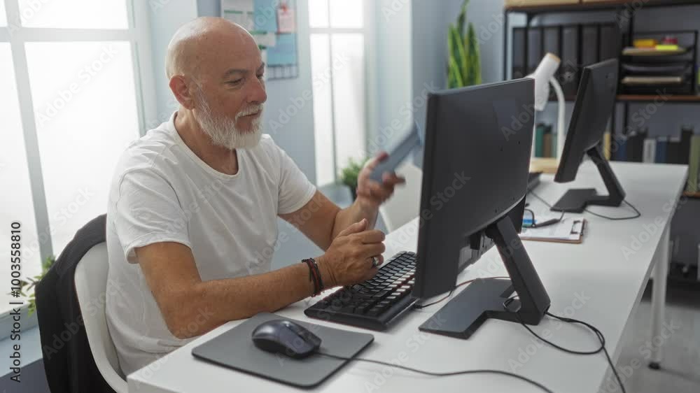Middle-aged man with beard working in office using smartphone while seated at desk with computer and wearing casual white shirt Middle-aged man with beard working in office using smartphone while seated at desk with computer and wearing casual white shirt