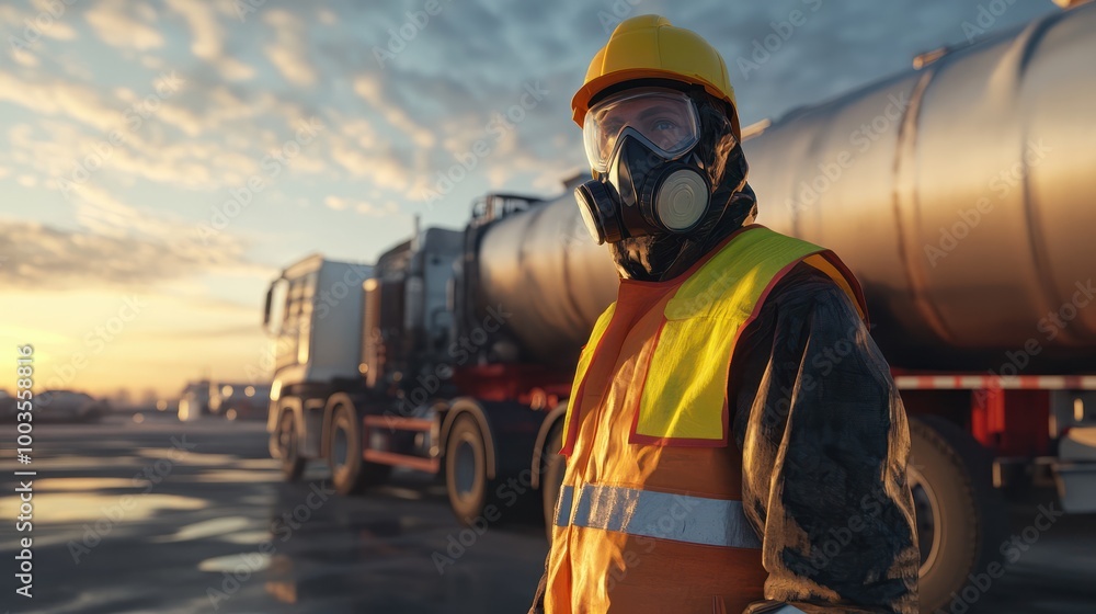 Naklejka premium worker in protective gear standing in front of an industrial tanker truck