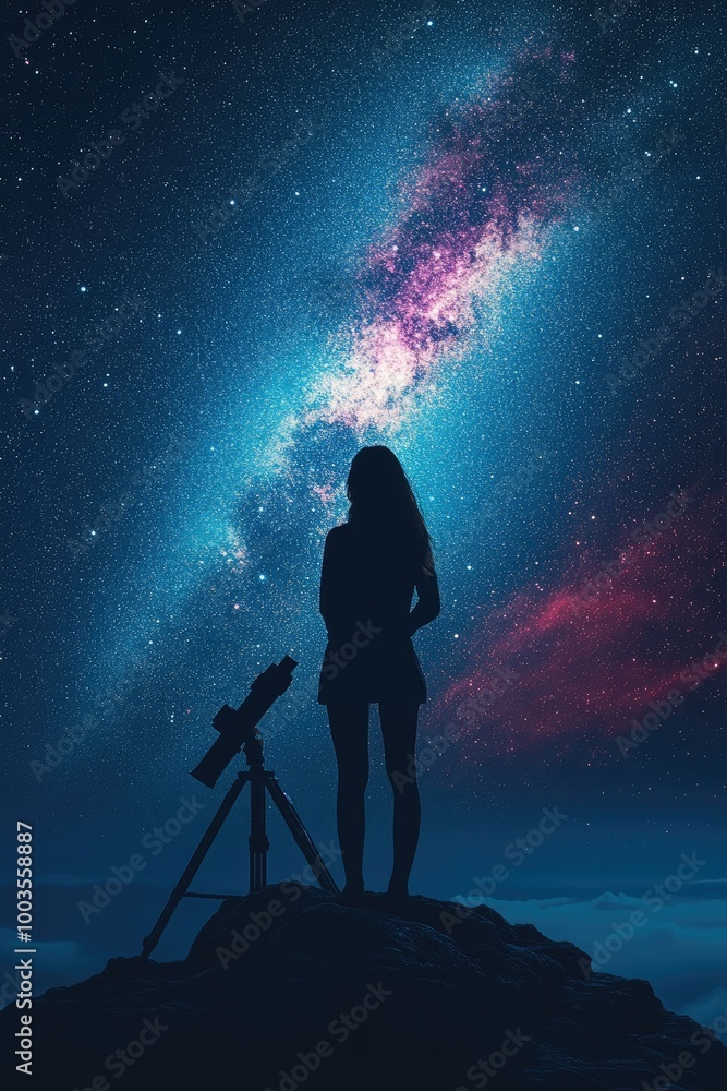 Fototapeta premium A silhouetted girl stands on a hill, gazing through a telescope at the Milky Way under a dark, starry night.