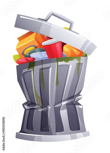 Overflowing trash bin with dents and waste spilling out, showing bottles, food, and cups. Vector cartoon illustration