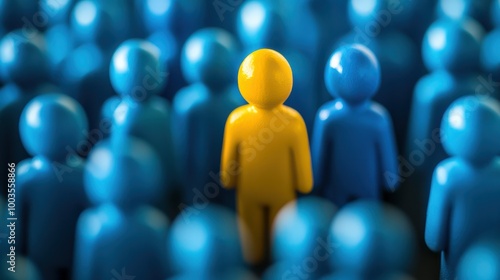 Yellow figure distinct among blue crowd, representing the concept of finding the right person in HR, business strategy, and organizational psychology