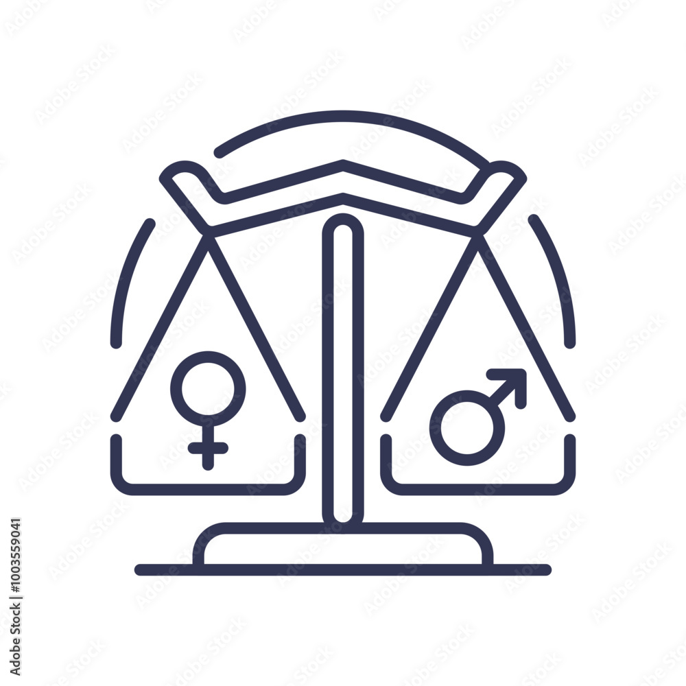 A balanced scale with male and female gender symbols representing gender equality. A balanced scale with male and female gender symbols representing gender equality.