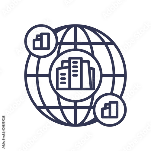 GlobalCorporation: A global network of interconnected businesses symbolized by buildings within a globe.