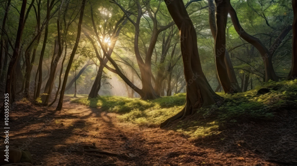 Fototapeta premium Sunlight Illuminating a Forest Path