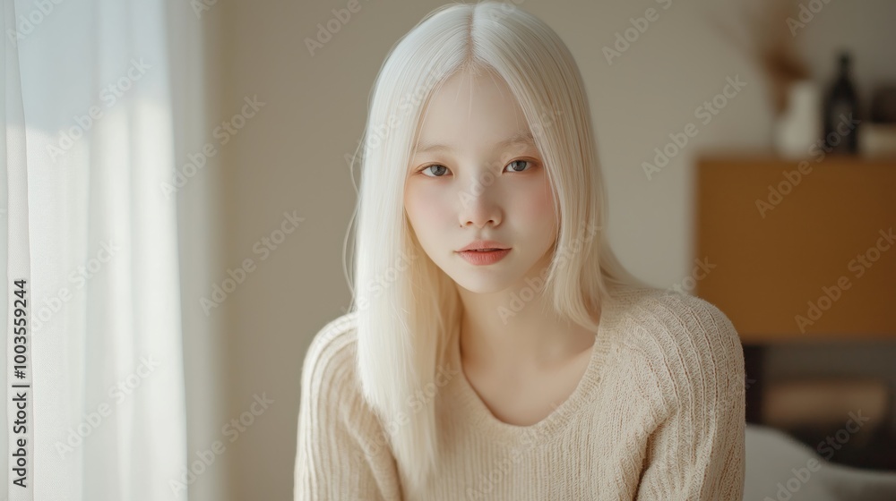 Portrait of a Young Korean Albino Teenage Girl with Light Hair and Fair Skin in a Cozy Indoor Setting Portrait of a Young Korean Albino Teenage Girl with Light Hair and Fair Skin in a Cozy Indoor Setting