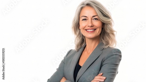 Professional Woman with Gray Hair Smiling Confidently