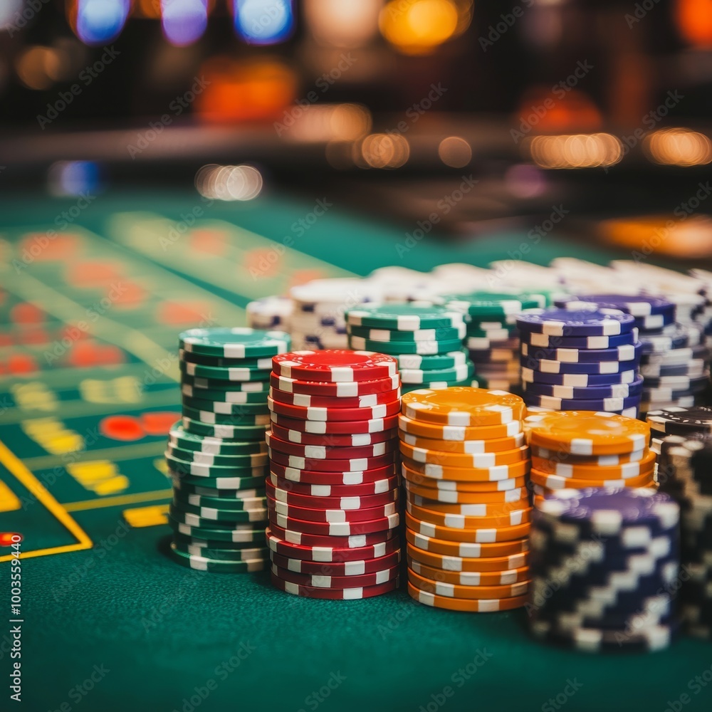 Casino gambling chips on green table with bokeh background. Casino gambling chips on green table with bokeh background.