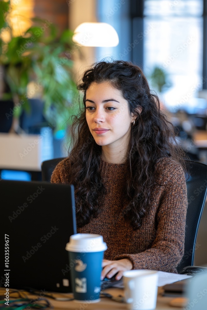 Young web developer working at a co-working space, focused on coding while sipping coffee, Generative AI Young web developer working at a co-working space, focused on coding while sipping coffee, Generative AI