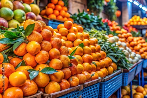 Vibrant market stall showcases fresh, juicy oranges, beautifully arranged and ready for you to enjoy. Perfectly ripe