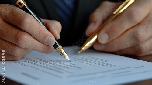 A close-up of negotiators signing a document, with pens in hand and the contract clearly visible, capturing the final stages of a successful negotiation photo