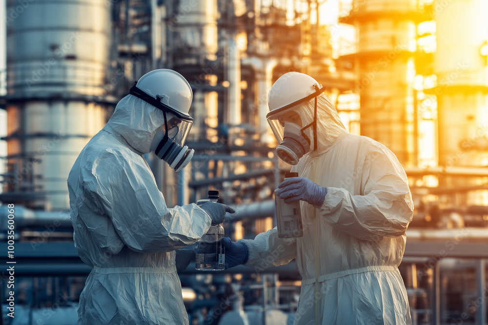 Chemical neutralization process with specialized agents being applied to a hazardous spill, showcasing safety equipment and precautions, with copy space. Bright lighting. Laboratory background. Chemical neutralization process with specialized agents being applied to a hazardous spill, showcasing safety equipment and precautions, with copy space. Bright lighting. Laboratory background.