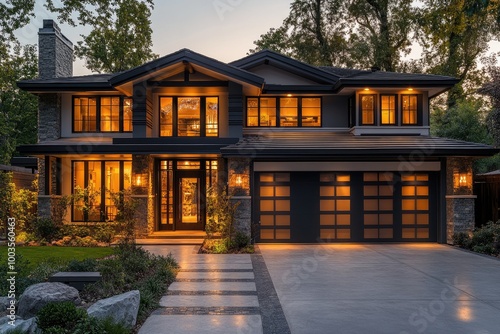 A modern craftsman-style home with black windows and dark gray wood accents, showcasing the front of an elegant two-story house at dusk. Created with Ai