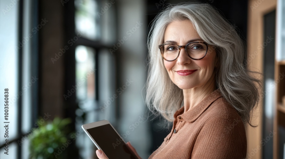 Portrait of a happy middle-aged businesswoman in an office, holding a digital tablet and looking Portrait of a happy middle-aged businesswoman in an office, holding a digital tablet and looking