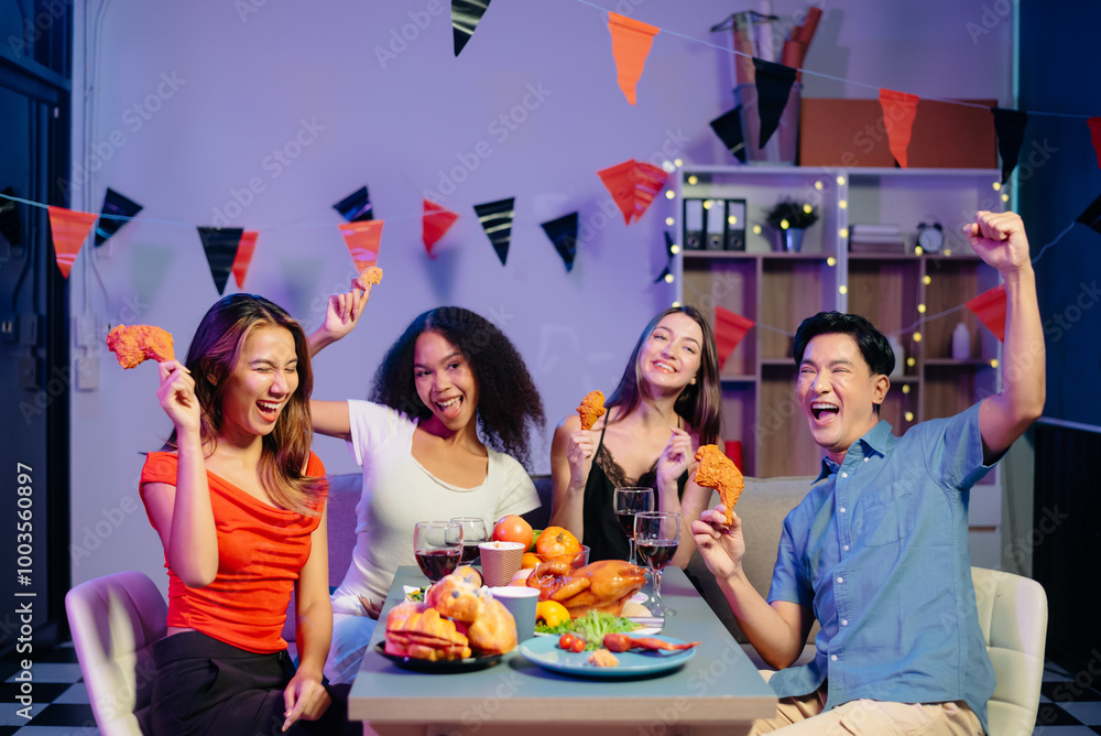 Celebration with friends enjoying food, drinks, and laughter at a lively house party. Perfect for themes of joy, togetherness, Celebration with friends enjoying food, drinks, and laughter at a lively house party. Perfect for themes of joy, togetherness,
