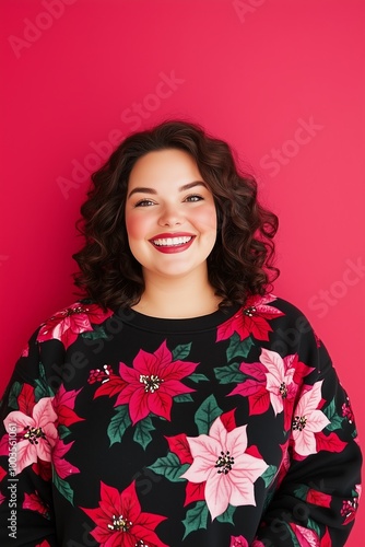 smiling plus sized woman wearing sweatshirt with poinsettia floral print, copy space, solid color red background photo