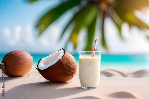 Beach Bliss: Chilled Coconut Smoothie with Fresh Coconut Slice photo