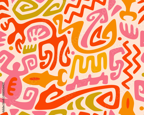 Tiki seamless pattern. Aztec textile print.Geometric, vector background. Suitable for printing on fabric and paper, for Hawaiian parties. 