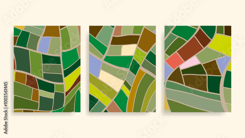 farm fields aerial view  colorful flat template vector background  set