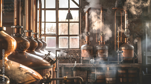 A rustic distillery scene with copper stills, steam rising as the fermented liquid is heated, and the clear distilled spirit dripping out, symbolizing the ancient process of distillation for whiskey, 