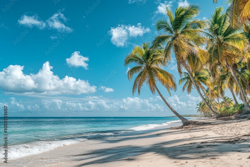 Fototapeta premium A tropical beach with white sand, turquoise water, and palm trees.