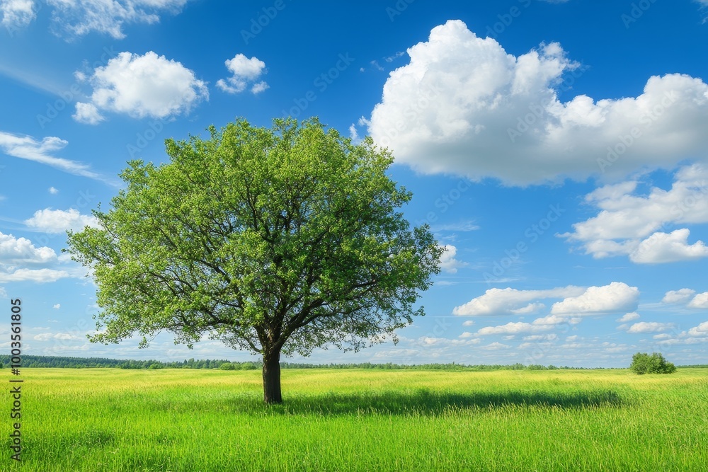 A single, large tree stands in the middle of a green grassy field under a blue sky with puffy white clouds. A single, large tree stands in the middle of a green grassy field under a blue sky with puffy white clouds.