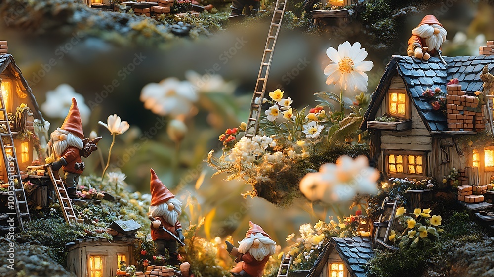 Fototapeta premium A gnome construction crew building houses in a tiny village, using miniature tools, bricks, and ladders, surrounded by blooming flowers and green fields, warm light creating a whimsical and cozy feel.