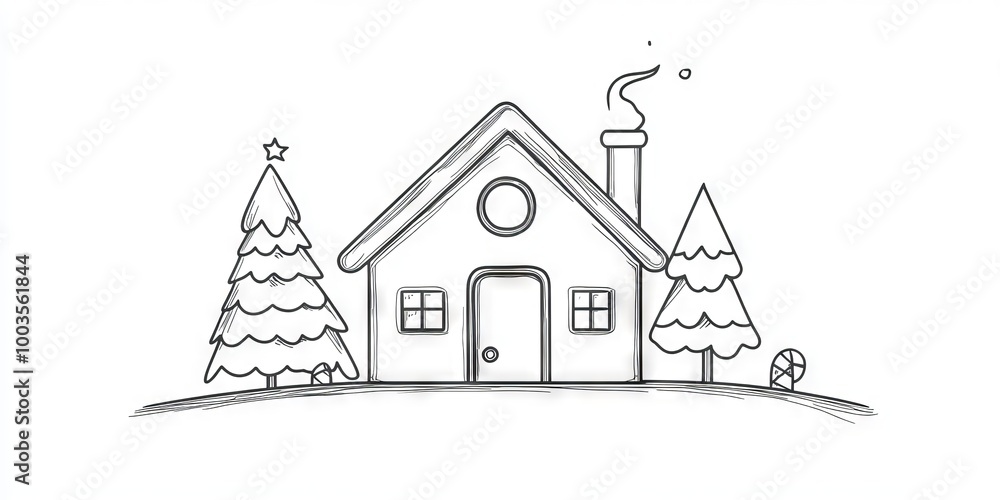 Minimalist black and white line drawing of a house with festive Christmas trees and holiday decorations. Minimalist black and white line drawing of a house with festive Christmas trees and holiday decorations.