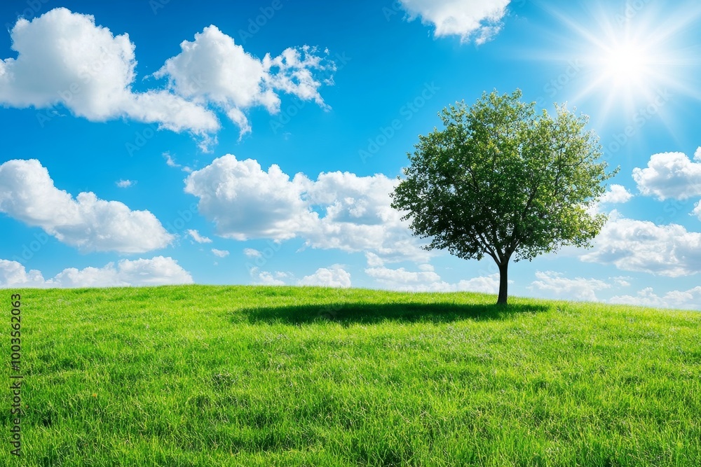 A single tree stands tall in a green field under a bright blue sky with fluffy white clouds and a shining sun. A single tree stands tall in a green field under a bright blue sky with fluffy white clouds and a shining sun.