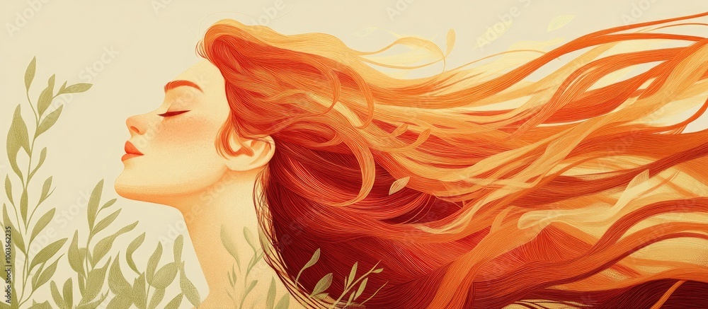 Portrait of a woman with flowing red hair embodying themes of health and care for beautiful thick locks in a summer setting Portrait of a woman with flowing red hair embodying themes of health and care for beautiful thick locks in a summer setting