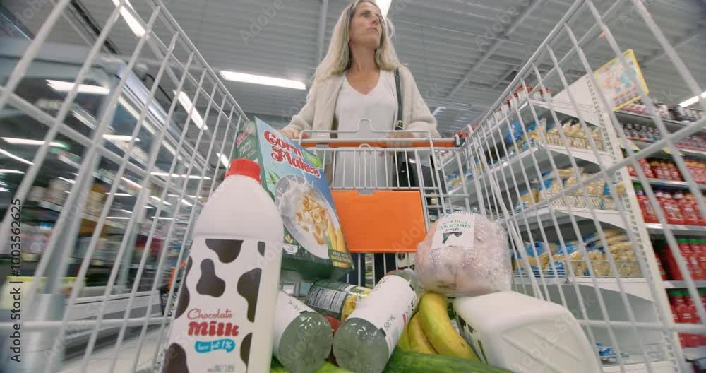 Caucasian Woman Placing Groceries Into Her Trolley in a Supermarket Aisle, Ensuring a Balanced Selection of Fresh Produce, Dairy, and Packaged Goods. Timelapse Footage From Inside the Shopping Cart