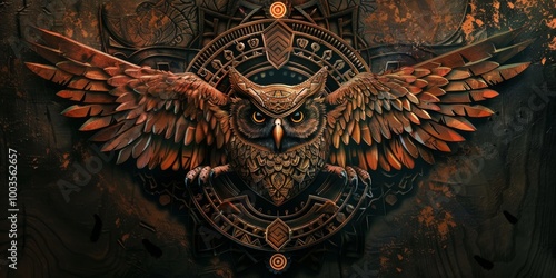 Fototapeta Naklejka Na Ścianę i Meble -  Owl head in conceptual art with intricate tribal designs.